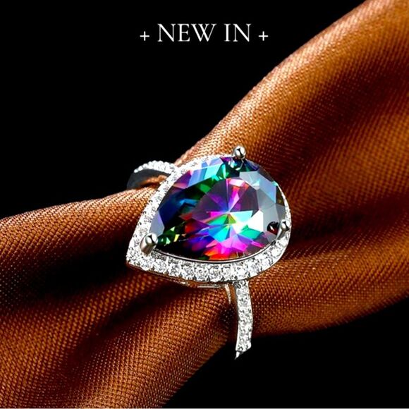 New Exclusively Fancy Mystic Rainbow Teardrop Cut .925 Sterling Silver Ring w CZ - Picture 1 of 10
